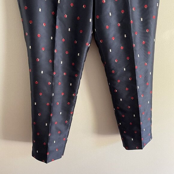Talbots Women 14 Navy Blue Apple Print Jacquard Preppy Teacher Slim Ankle Pants - Picture 3 of 9